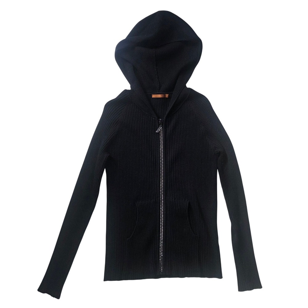 Belldini Black Ribbed Knit Rhinestone Zip Up Hoodie Sweater XL Y2K Bling